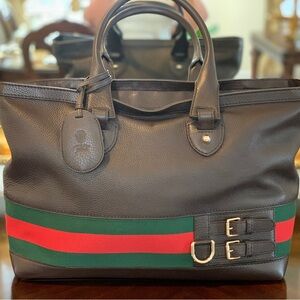 Gucci Brown Leather Tote with Green and Red Accents